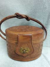 Vintage Hand Tooled Leather PURSE, PILLBOX SHAPED