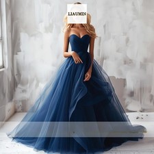 Vintage Navy Blue Tulle Strapless Tiered Long Wedding Dresses Bridal Gowns