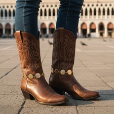 Women Boot Bracelet Gold Metal Chain Anklet Shoe Textured Round Circle Charm SET