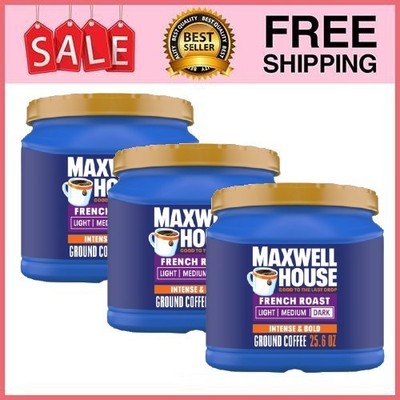 3 Cans Maxwell House French Roast Dark Roast Ground Coffee, 25.6 oz Can