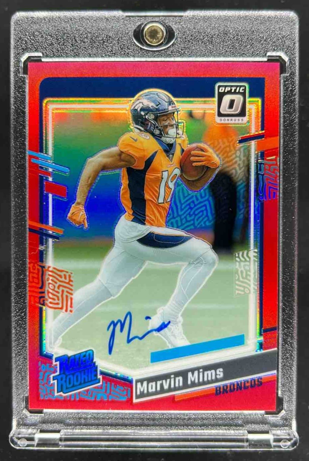 2023 Donruss Optic Marvin Mims Rated Rookie RPS Auto Red #28/75 Broncos