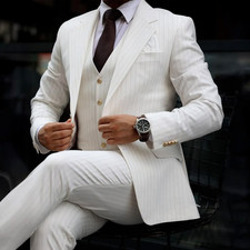 Formal Striped Men Suits Business Jacket Tuxedo Vest Office White Custom 3Pcs