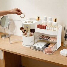 Vanity Countertop Makeup Organizer with Rotating Brush Holder Storage Drawers
