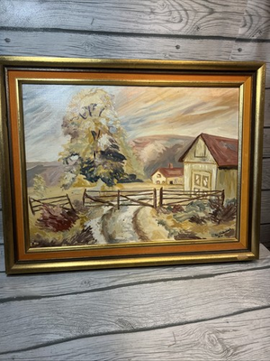 #ad BARNYARD Oil Landscape Painting ART Rural COUNTRY Barn Scenery Signed Framed $59.99
