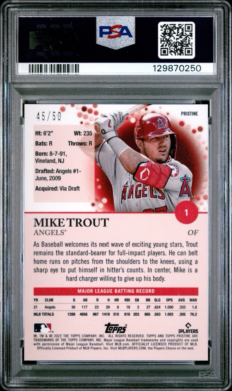 2022 TOPPS PRISTINE PRISTINE GOLD REFRACTOR #1 MIKE TROUT /50 PSA 10 Gem Mint view 2