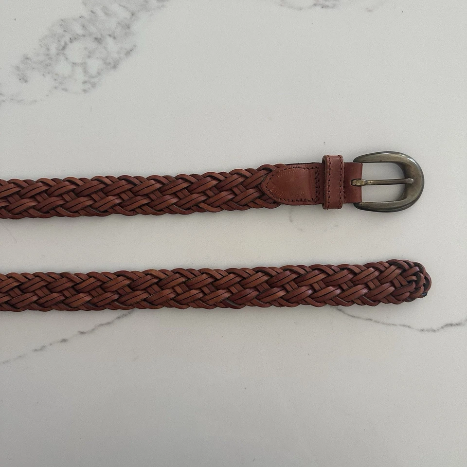 Cinto de couro trançado vintage Anthropologie fivela de latão marrom médio médio - Imagem 4 de 4