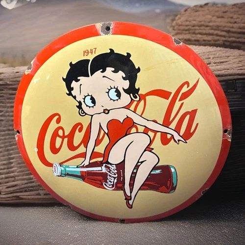 Vintage Rare 12” Coca Cola Betty Boop Domed Porcelain Metal Dealer Store Sign
