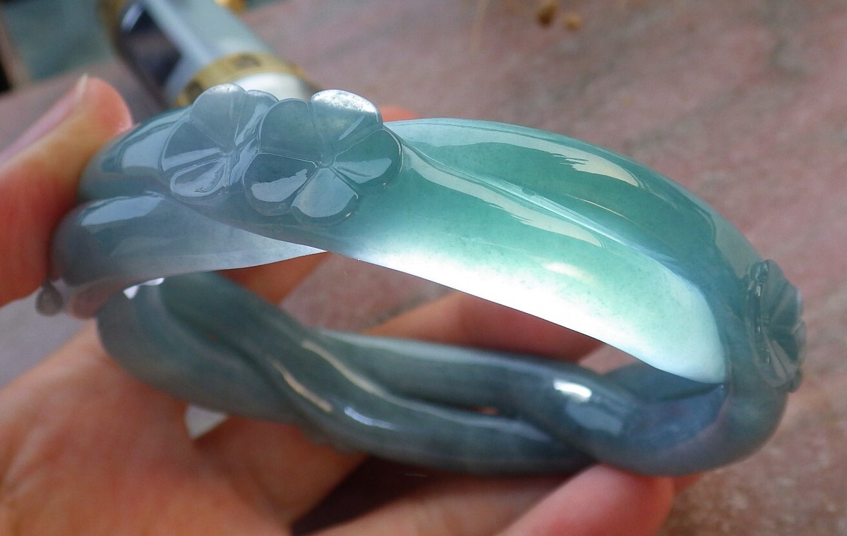 Video Certified Green A JADE Jadeite Flower Bangle Bracelet 63mm