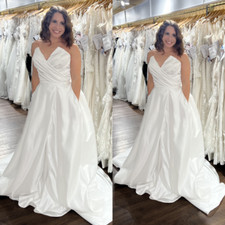 Beach Wedding Dresses with Pockets V Neck Sweep Train Best Custom Bridal Gowns