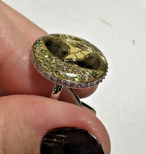 NIB Anello Solitaire Con Fiori Cluster In Cristallo Oro Argento Taglia 6.75 - Immagine 3 di 4