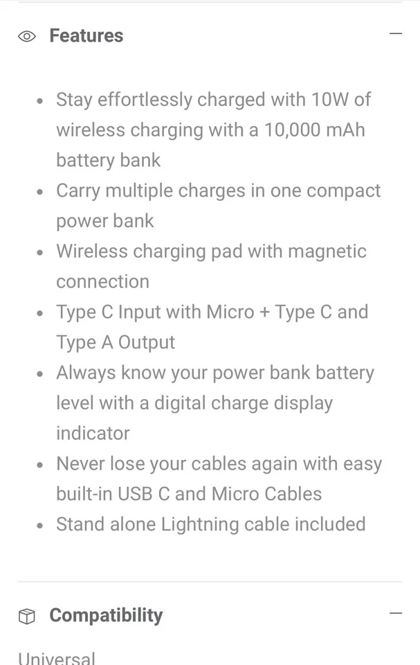 Банк питания Incipio 10 000 мАч с беспроводной зарядкой и встроенными кабелями - Изображение 3 из 3