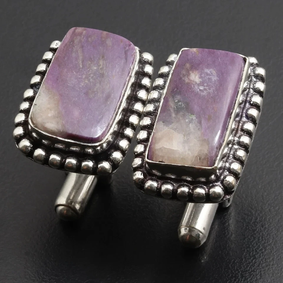 Gemelos de plata de ley 925 con piedras preciosas Charoite regalo para hombres bonitas joyas Foto 3 de 4