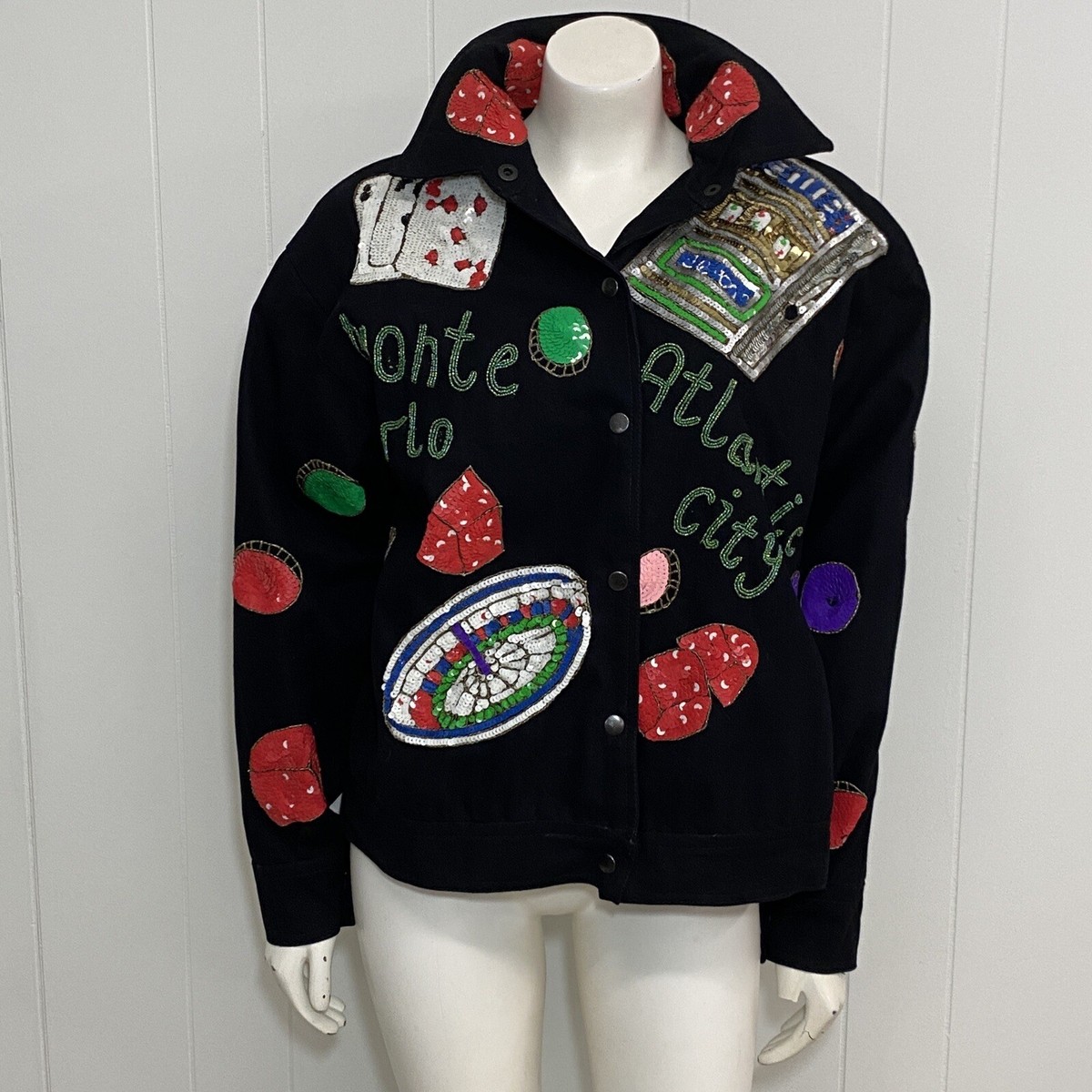 Vtg Caesars Jacket Womens S 6-8 Black Multicolor Sequins Las