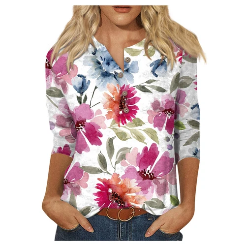 3/4 Length Sleeve Womens Tops Casual Loose Fit V-neck Shirts Floral Tunic Tops - Picture 38 of 51