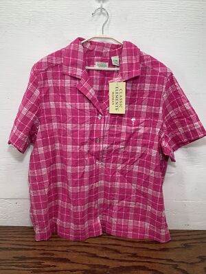 Classic elements Woman s Hot pink Olive VTG Button Up blouse 16 18 W 100% cotton