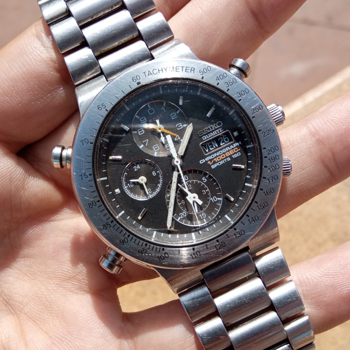 Seiko 7T59-6A00 Chronograph 1/100 SEC Quartz Japan All Steel Watch