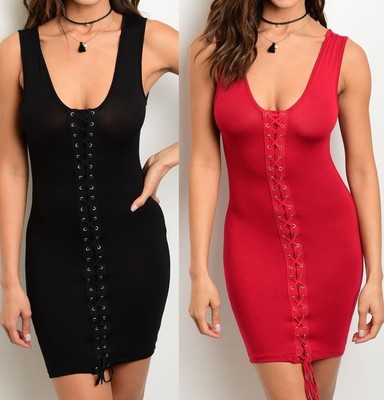 Black or Dark Red Faux Lace-Up Front Sleeveless Tank Bodycon Mini Dress S M  L | eBay