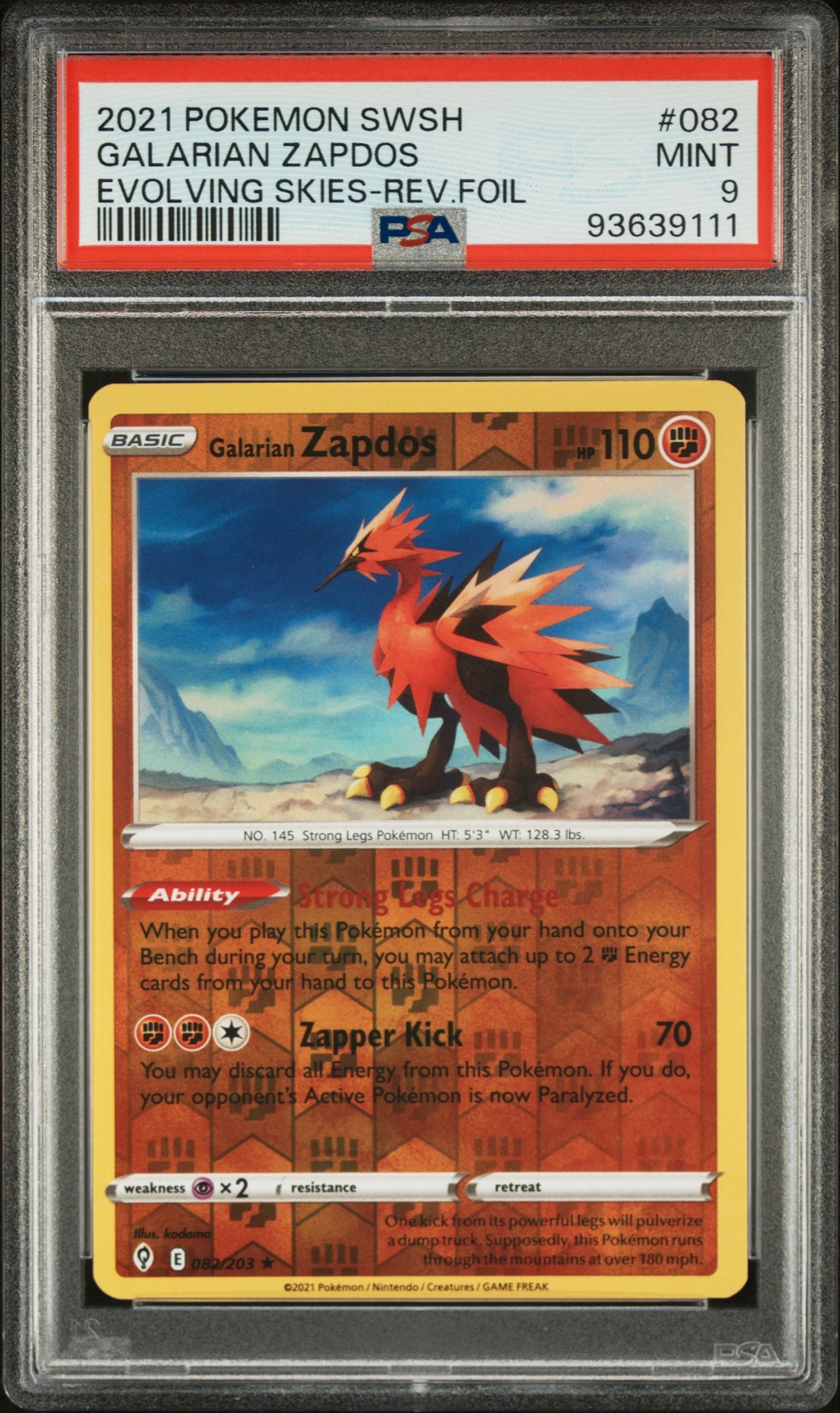 2021 POKEMON EVOLVING SKIES 82 GALARIAN ZAPDOS REVERSE HOLO - PSA 9 POP 13!