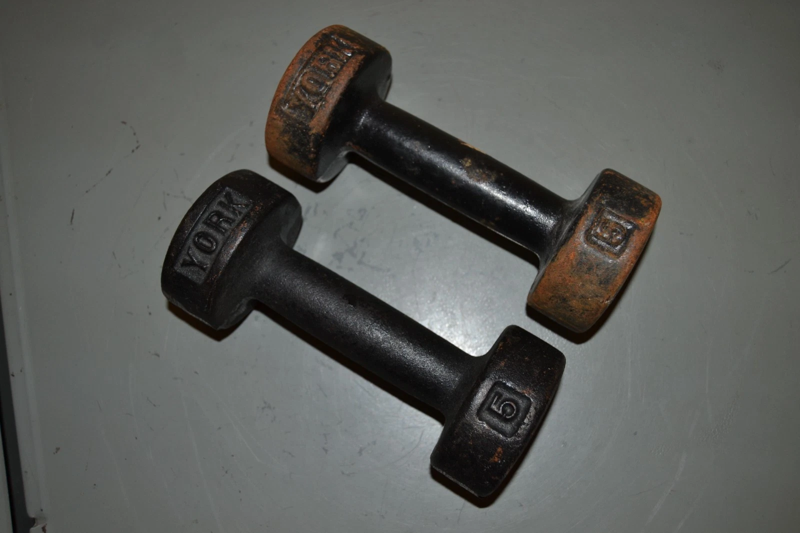 Vintage York Barbell Round Flat Bottom Dumbbells 5lbs. Total Of 10lbs. USA Stamp