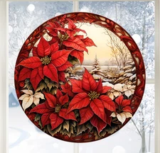 Poinsettia Christmas/Winter Faux Stained Glass WINDOW CLING Size 8" Round Vinyl