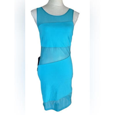 #ad Y2K Bebe Sleeveless Turquoise Mesh Panel Bodycon Dress $35.00