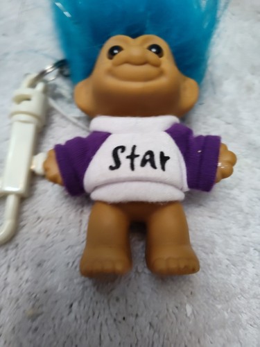 Vintage Troll Doll Tinsel Blue Hair Keychain Backpack Purse Clip W/Star T-shirt! - Picture 3 of 7