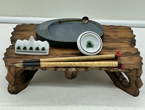 Vintage Oriental Artistic Calligraphy Set 6 Piece w 2 Brushes & Brush Rest Used