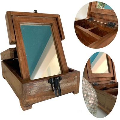 Barber Utensilienbox Teak Holz Spiegel Schmink-Box Aufbewahrung Rasier Organizer