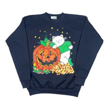 Vintage 90s Halloween Sweatshirt Sz Large Jack-o  -Lantern Pumpkin Cat Candy Corn