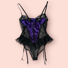 Vtg Purple Nylon Black Lace Teddy Romper Sissy Medium Vamp Goth Ruffle High Cut