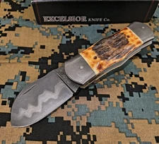 Excelsior Damascus Mola Mola Stag Whaler Slipjoint Knife Like GEC Absolute Beast