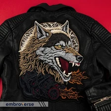 Fire Wolf Large Back Patch – Angry Wild Animal Head – Embroidered Flames