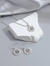 Silver Colored Sunflower Necklace  Earrings