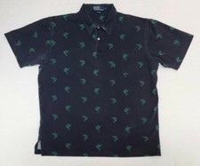 Vtg 90s All Over Print Fish Black Stone Washed Ralph Lauren Polo Shirt Mens L