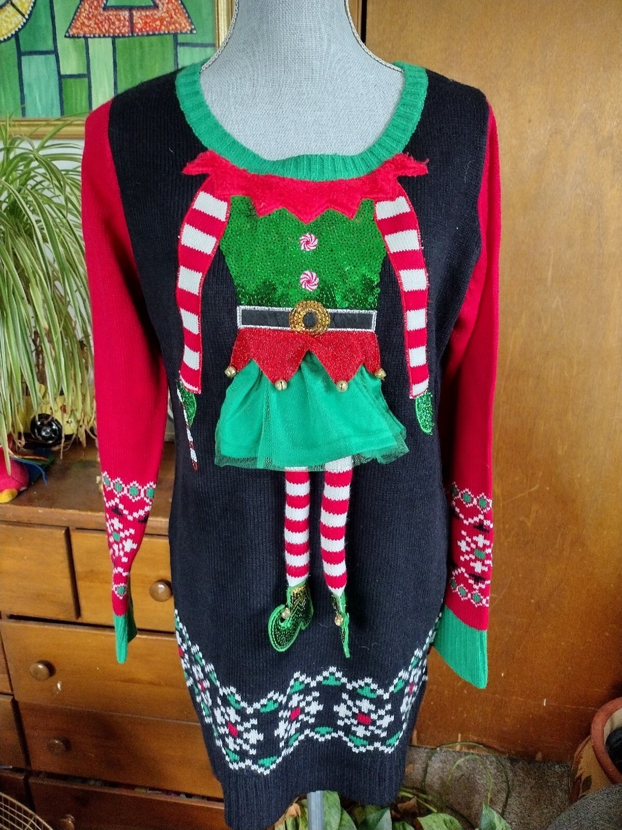 white christmas dresses Women's Black Ugly Christmas Dress with Reindeer – Ugly Christmas Sweaters main image 1