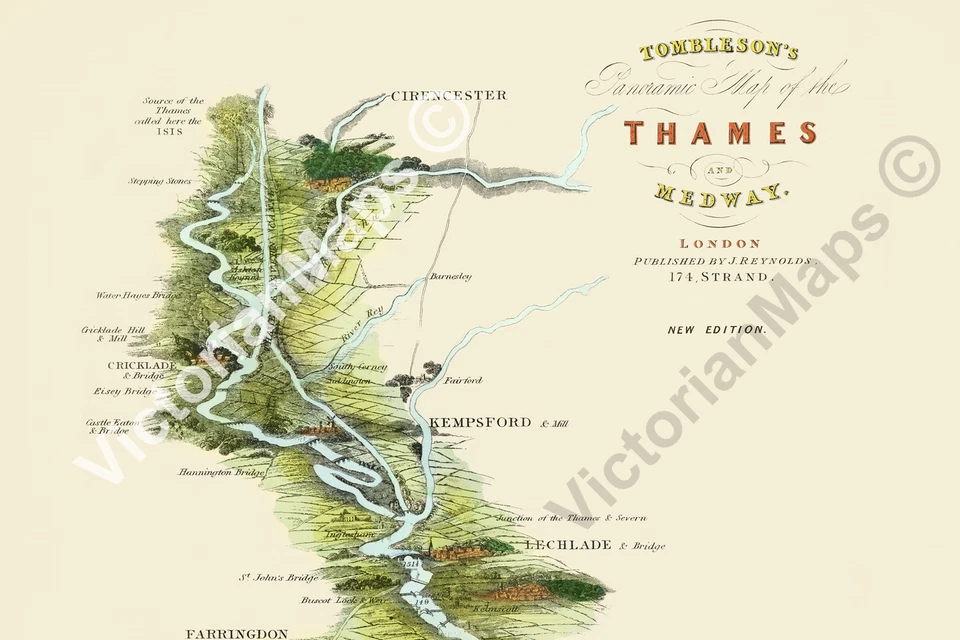 antigo pôster com impressão artística Tombleson's Panoramic map of river Thames & Medway 1850 - Imagem 3 de 4