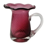 Vintage Nantucket 3.5"T Cranberry Pitcher Fluted Swirl Clear Ribbed Handle