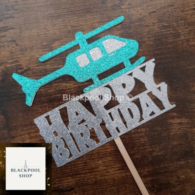 HELICOPTER CAKE TOPPER GLITTERED GLITTER HAPPY BIRTHDAY UK