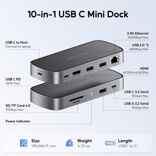 PULWTOP USB C Triple Display Docking Station for MacBook, 9 in 1 USB C Hub - Picture 4 of 9
