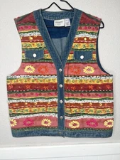 Vtg 90's Y2K Susan Bristol Denim Button Down Colorful Artsy Floral Vest Indie XL