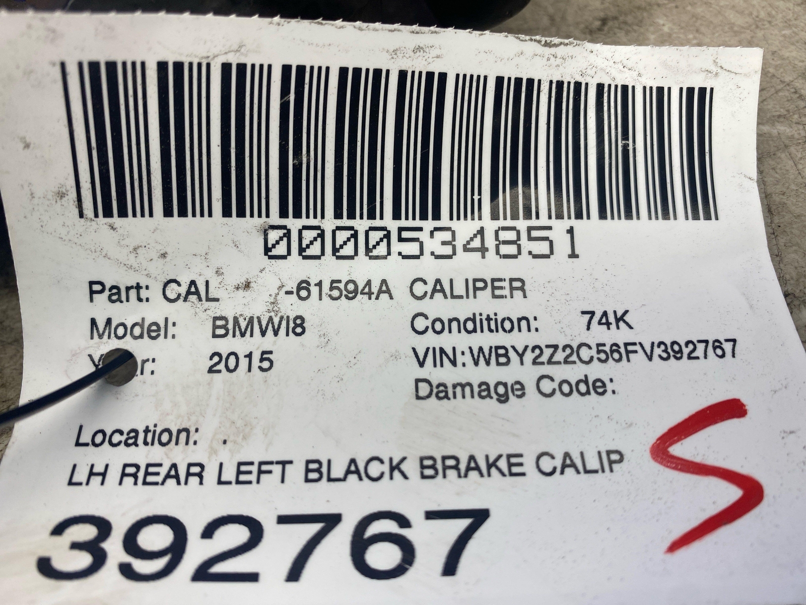 2014 2015 2016 2017 2018 2019 BMW I8 OEM REAR LEFT BLACK BRAKE CALIPER