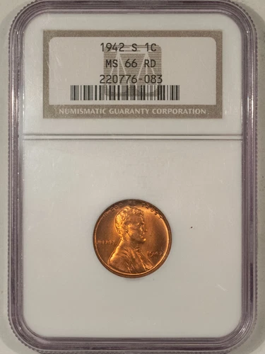 1942-S LINCOLN CENT - NGC MS-66 RD ATTRACTIVE