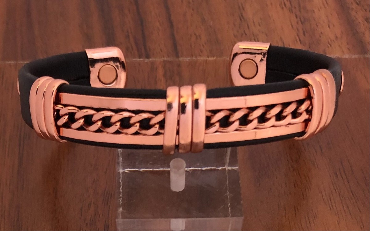 Solid Copper Leather Wrapped Magnetic Bracelet Men Women Energy Cuff Cuban  Link