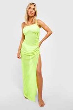 Mesh One Shoulder Split Beach Maxi Dress Neon Yellow uk 6-10 small Boohoo BNWT