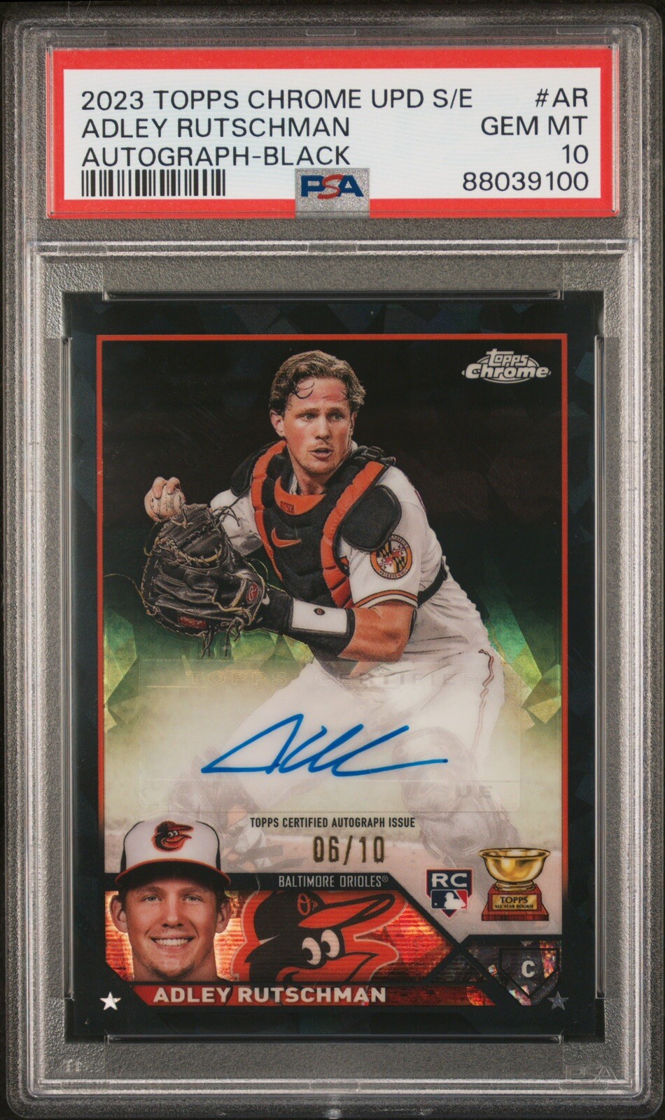 ADLEY RUTSCHMAN 2023 Topps Chrome Update Sapphire Black Auto, RC 6/10, PSA 10