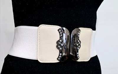 White Elastic Belt for Women with Double Moon Rhinestone Buckle, Adjustable