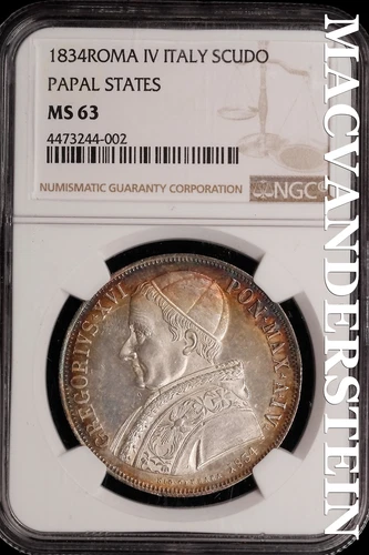Italy: 1834 Roma IV Papal States Scudo - NGC MS 63 - Scarce  No Reserve  #SLi800