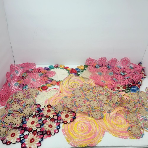 Lot Of 12 Vtg Crochet Doilies Mixed Bright Colors Handmade Table Decor Whimsical