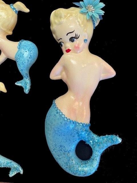 1963 Vintage Ceramic Mermaid Mom, Babies And Bubble Wall Plaques