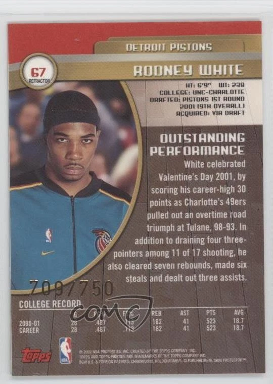 2001-02 Topps Pristine Refractor /750 Rodney White #67 Rookie RC - Image 2 of 2